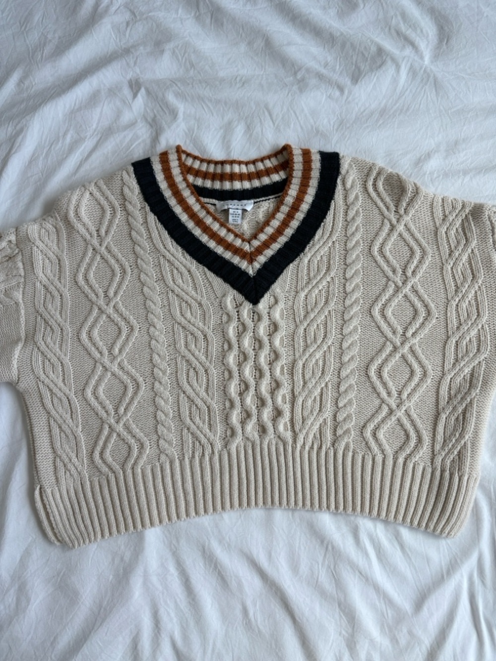 Topshop Cream Cable Knit V-Neck Sweater with Navy Blue and Orange Brown Trim - Picture 5 of 6